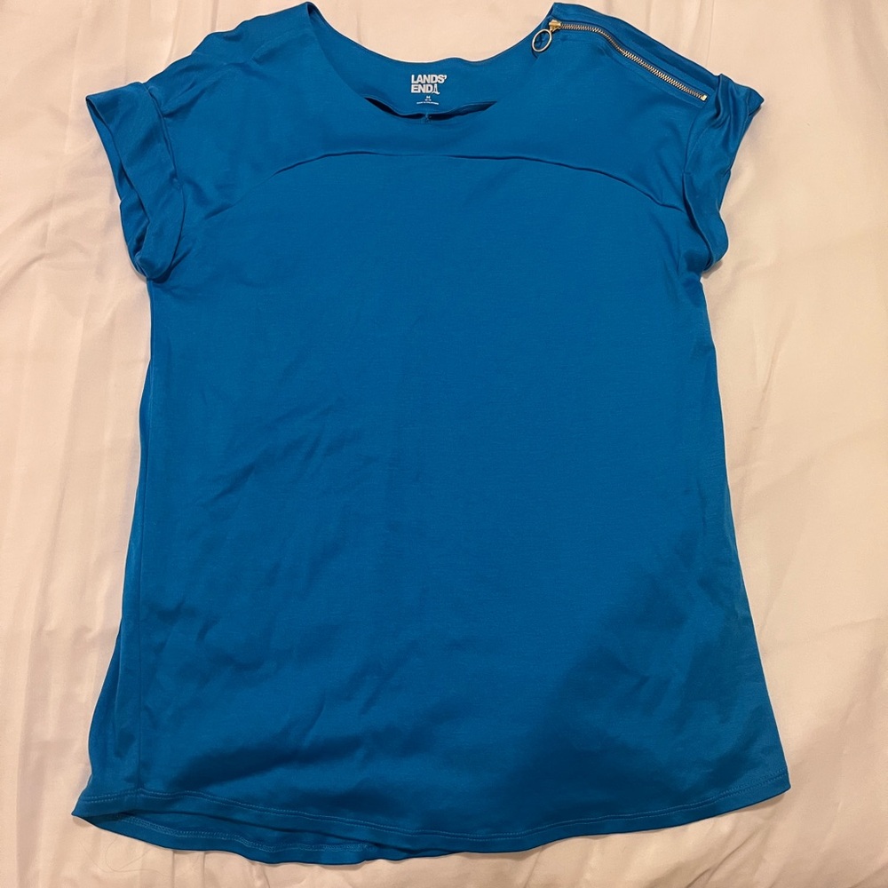 Lands End Zipper Shoulder Short Sleeve Top - M